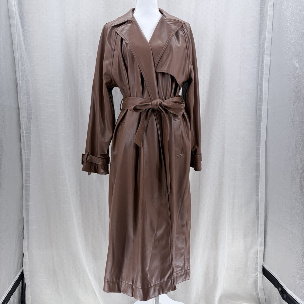 Nine West Faux Leather Long Jacket Women's Size L Belt Loops Lined Brown